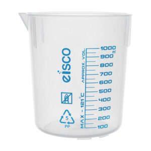 Premium 1000mL Beaker - Polypropylene Plastic, Blue Screen Printed, 50mL Graduations - Eisco Labs