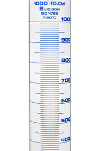 Measuring Cylinder, 1000ml - Class B - 29/32 Polypropylene Stopper - Round Base, Blue Graduations - Borosilicate Glass - Eisco Labs