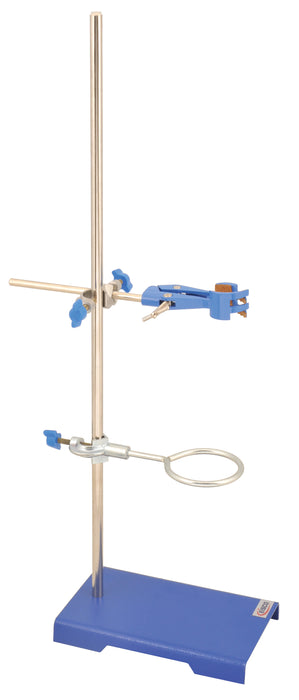 4 Piece Set - Rectangular Retort Stand, Rod, Clamp & Ring Set - 8"x5" Steel Base, 23.6" Stainless Steel Rod, 3" Steel Support Rings, 4-Pronged Cork-Lined Clamp - Eisco Labs