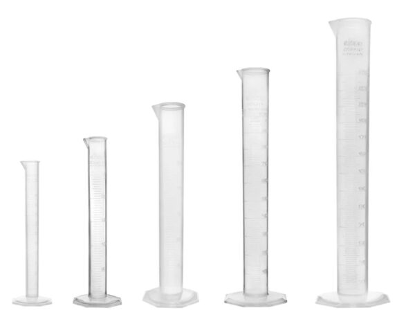 (Discontinued) 6PC Polypropylene Cylinders Set - 10ml, 25ml, 50ml, 100ml, 250ml, 500ml - Round Base, Raised Graduations