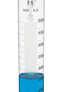 Measuring Cylinder, 500ml - Class A - 24/29 Polypropylene Stopper - Hexagonal Base, White Graduations - Borosilicate Glass - Eisco Labs