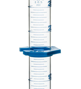 Measuring Cylinder, 25ml - Class B - Detachable, Plastic Hexagonal Base & Protective Collar - Blue Graduations - Borosilicate Glass - Eisco Labs