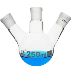 Distillation Flask with 3 Necks, 250ml - 24/29 Joint Size - Round Bottom, Interchangeable Screw Thread Joints - Borosilicate Glass - Eisco Labs