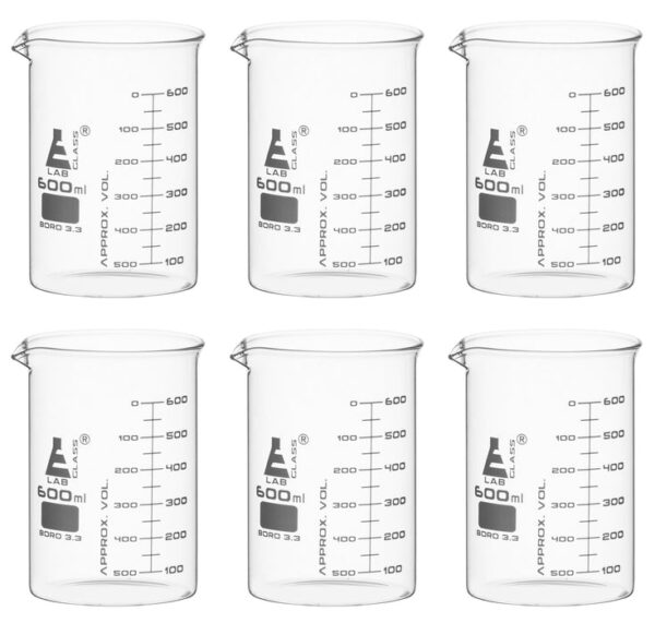 6PK Beakers, 600ml - ASTM - Low Form, Dual Scale Graduations - Borosilicate Glass
