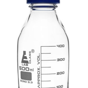Reagent Bottle, 500ml - Transparent with Blue Screw Cap - White Graduations - Borosilicate 3.3 Glass - Eisco Labs