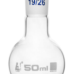 Florence Boiling Flask, 50ml - 19/26 Joint, Interchangeable - Borosilicate Glass - Flat Bottom, Short Neck - Eisco Labs