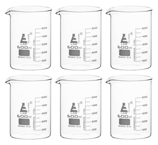Beaker, 600ml - Low Form with Spout - White, 50ml Graduations - Borosilicate 3.3 Glass