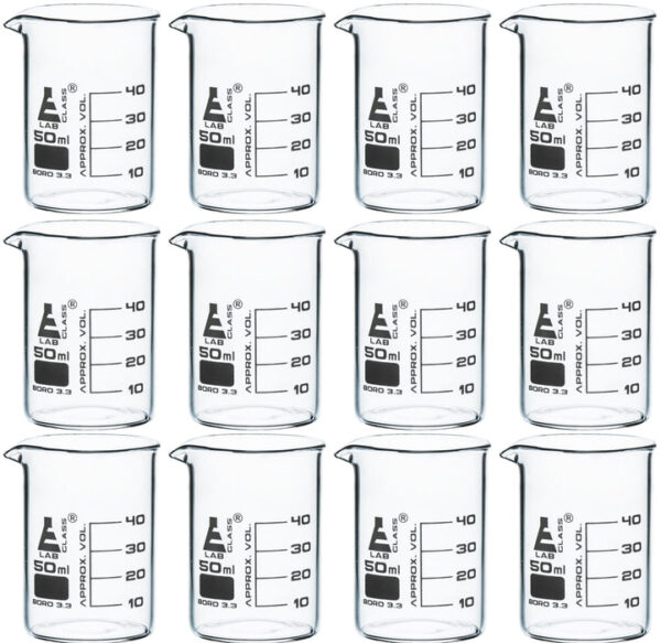 Beaker, 50ml - Low Form with Spout - White, 10ml Graduations - Borosilicate 3.3 Glass