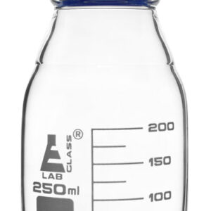 Reagent Bottle, 250ml - Transparent with Blue Screw Cap - White Graduations - Borosilicate 3.3 Glass - Eisco Labs