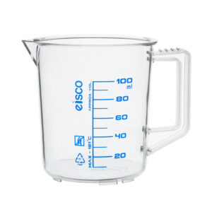 Measuring Jug, 100ml - TPX Plastic - Printed Graduations - Chemical Resistant, Autoclavable - Short Form - Handle with Thumb Grip - Eisco Labs