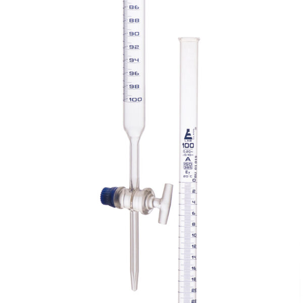 Burette, 100mL - Class A, DIN 385 Compliant, Borosilicate Glass with Glass Key Stopcock, 0.2mL Graduations - Eisco Labs