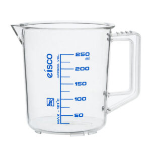 Measuring Jug, 250ml - TPX Plastic - Printed Graduations - Chemical Resistant, Autoclavable - Short Form - Handle with Thumb Grip - Eisco Labs