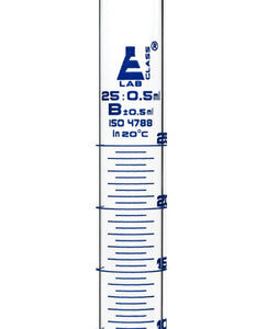 Measuring Cylinder, 25ml - Class B - 14/23 Polypropylene Stopper - Hexagonal Base, Blue Graduations - Borosilicate Glass - Eisco Labs