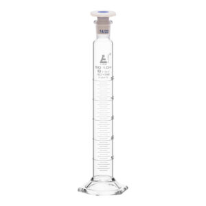 Measuring Cylinder, 50ml - Class B - 14/23 Polypropylene Stopper - Hexagonal Base, White Graduations - Borosilicate Glass - Eisco Labs