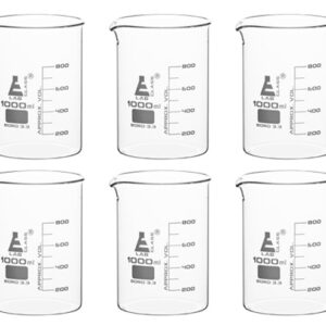 6PK Beakers, 1000ml - Low Form with Spout - White, 100ml Graduations - Borosilicate 3.3 Glass