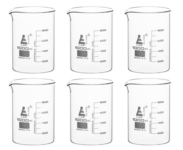 6PK Beakers, 1000ml - Low Form with Spout - White, 100ml Graduations - Borosilicate 3.3 Glass