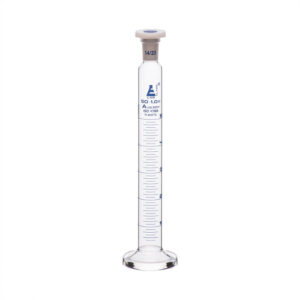 Measuring Cylinder, 50ml - Class A - 14/23 Polypropylene Stopper - Round Base, Blue Graduations - Borosilicate Glass - Eisco Labs