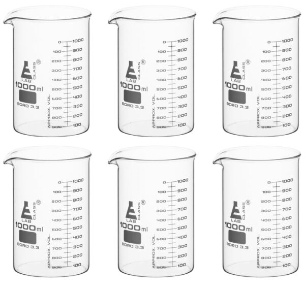 6PK Beakers, 1000ml - ASTM - Low Form, Dual Scale Graduations - Borosilicate Glass