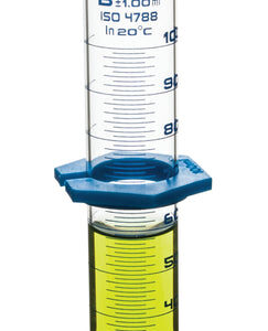 Measuring Cylinder, 100ml - Class B - Detachable, Plastic Hexagonal Base & Protective Collar - Blue Graduations - Borosilicate Glass - Eisco Labs