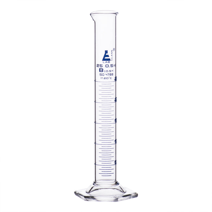 Graduated cylinder, 25ML - class b - blue graduations, hexagonal