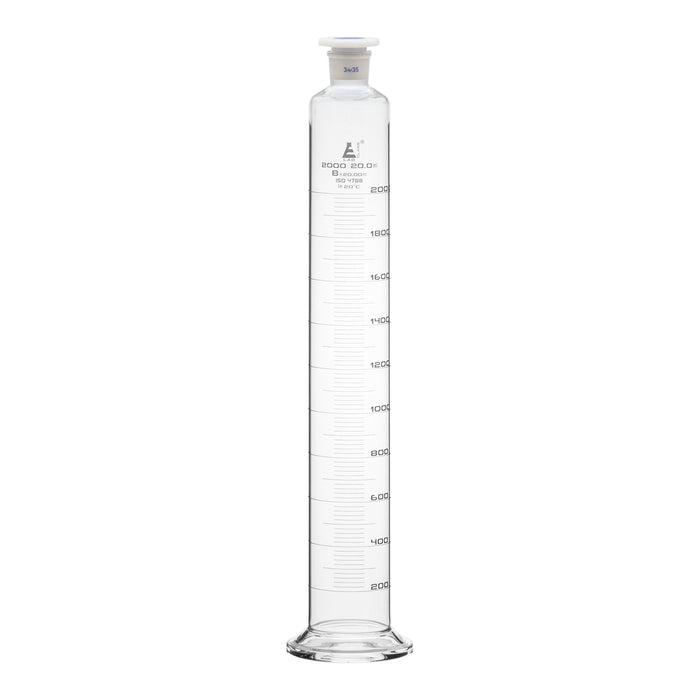 Measuring Cylinder, 2000ml - Class B - 34/35 Polypropylene Stopper - Round Base, White Graduations - Borosilicate Glass - Eisco Labs