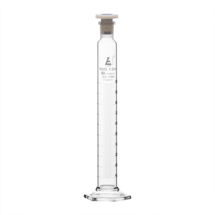 Measuring Cylinder, 100ml - Class B - 19/26 Polypropylene Stopper - Hexagonal Base, White Graduations - Borosilicate Glass - Eisco Labs