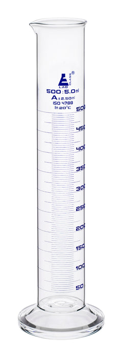 Graduated cylinder, 500ML - class a - blue graduations, round