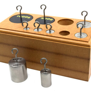 Hooked Weights Set, Stainless Steel, 9 Pieces - Metric Grams, 10-1000 grams - Includes Wooden Storage Block - Eisco Labs