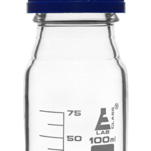 Reagent Bottle, 100ml - Transparent with Blue Screw Cap - White Graduations - Borosilicate 3.3 Glass - Eisco Labs