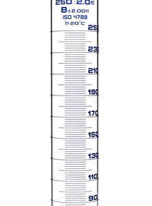 Measuring Cylinder, 250ml - Class B Tolerance ±2.00ml - Polypropylene Stopper, 24/29 - Hexagonal Base - Blue Graduations - Borosilicate 3.3 Glass - Eisco Labs