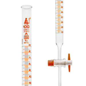 Burette, 100mL - Class A - 0.2mL Amber Graduations - PTFE Stopcock - Borosilicate Glass