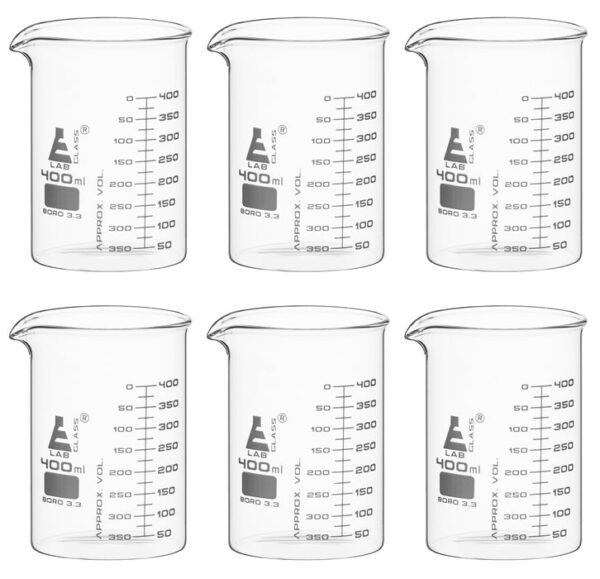 6PK Beakers, 400ml - ASTM - Low Form, Dual Scale Graduations - Borosilicate Glass