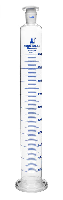 Measuring Cylinder, 2000ml - Class B - 34/35 Polypropylene Stopper - Round Base, Blue Graduations - Borosilicate Glass - Eisco Labs