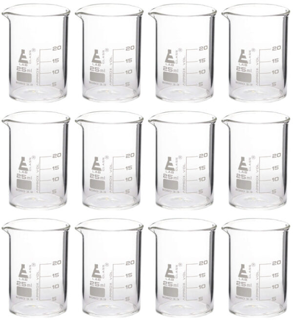 12PK Beakers, 25ml - Griffin Style, Low Form with Spout - White, 5ml Graduations - Borosilicate 3.3 Glass