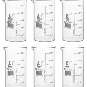 6PK Beakers, 500ml - Tall Form - White Graduations - Borosilicate Glass