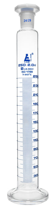 Measuring Cylinder, 250ml - Class B - 24/29 Polypropylene Stopper - Round Base, Blue Graduations - Borosilicate Glass - Eisco Labs