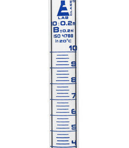 Measuring Cylinder, 10ml - Class B - 10/19 Polypropylene Stopper - Hexagonal Base, Blue Graduations - Borosilicate Glass - Eisco Labs