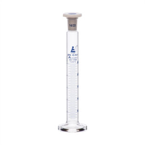 Measuring Cylinder, 25ml - Class A - 14/23 Polypropylene Stopper - Round Base, Blue Graduations - Borosilicate Glass - Eisco Labs