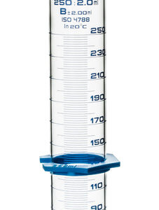 Measuring Cylinder, 250ml - Class B - Detachable, Plastic Hexagonal Base & Protective Collar - Blue Graduations - Borosilicate Glass - Eisco Labs