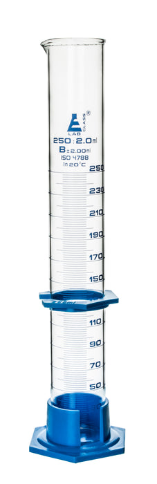Measuring Cylinder, 250ml - Class B - Detachable, Plastic Hexagonal Base & Protective Collar - Blue Graduations - Borosilicate Glass - Eisco Labs