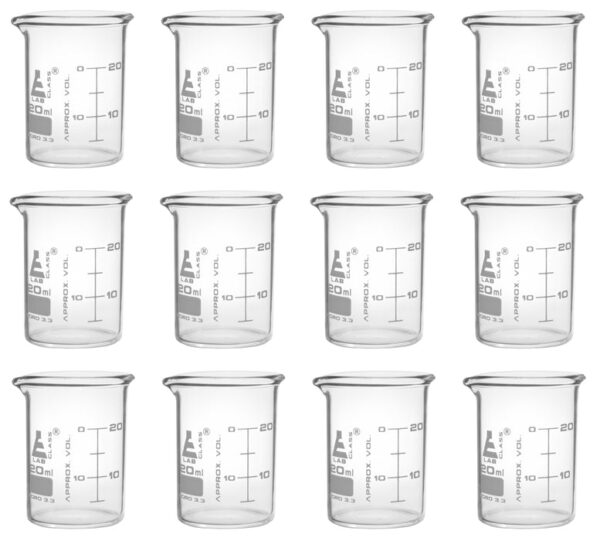 12PK Beakers, 20ml - ASTM - Low Form, Dual Scale Graduations - Borosilicate Glass