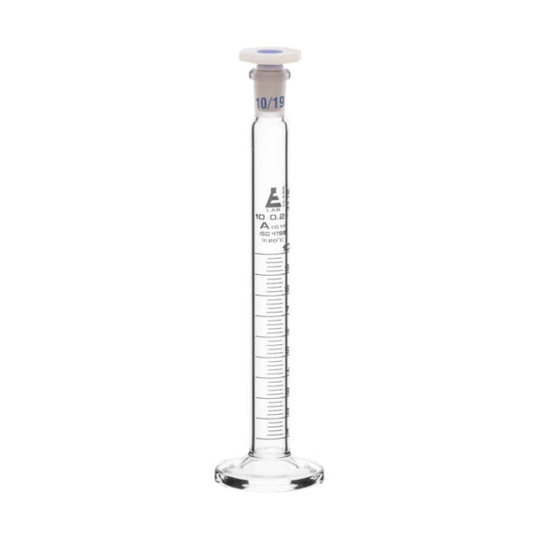 Measuring Cylinder, 10ml - Class A - 10/19 Polypropylene Stopper - Round Base, White Graduations - Borosilicate Glass - Eisco Labs
