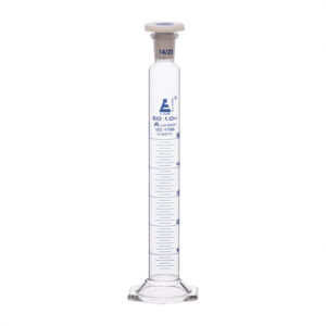 Measuring Cylinder, 50mL - Class A - 14/23 Polypropylene Stopper - Hexagonal Base, Blue Graduations - Borosilicate Glass - Eisco Labs