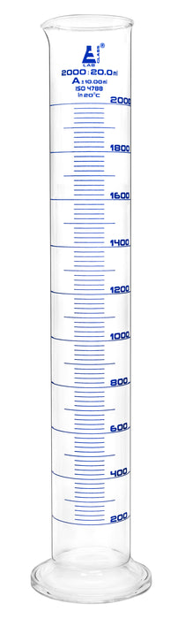 Graduated Cylinder, 2000ml - Class A - Blue Graduations, Round Base