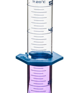 Measuring Cylinder, 50ml - Class B - Detachable, Plastic Hexagonal Base & Protective Collar - Blue Graduations - Borosilicate Glass - Eisco Labs