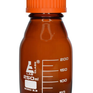 Reagent Bottle, 250ml - Amber Colored Glass - Orange Screw Cap - Borosilicate 3.3 Glass