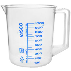 Measuring Jug, 1000ml - TPX Plastic - Printed Graduations - Chemical Resistant, Autoclavable - Short Form - Handle with Thumb Grip - Eisco Labs