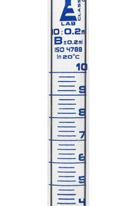 Measuring Cylinder, 10ml - Class B - 10/19 Polypropylene Stopper - Round Base, Blue Graduations - Borosilicate Glass - Eisco Labs