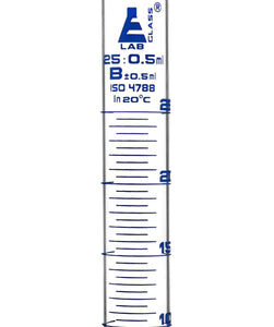 Measuring Cylinder, 25ml - Class B - 14/23 Polypropylene Stopper - Round Base, Blue Graduations - Borosilicate Glass - Eisco Labs