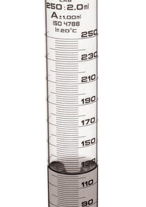 Measuring Cylinder, 250ml - Class A - 24/29 Polypropylene Stopper - Round Base, White Graduations - Borosilicate Glass - Eisco Labs